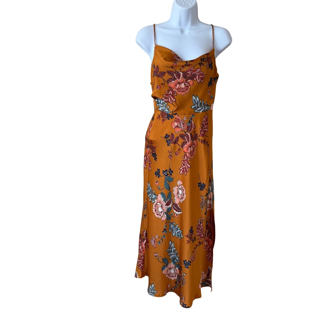 Petal and Pup Floral Cowl Neck Midi Slip Dress Mustard Orange Botanical Size 4